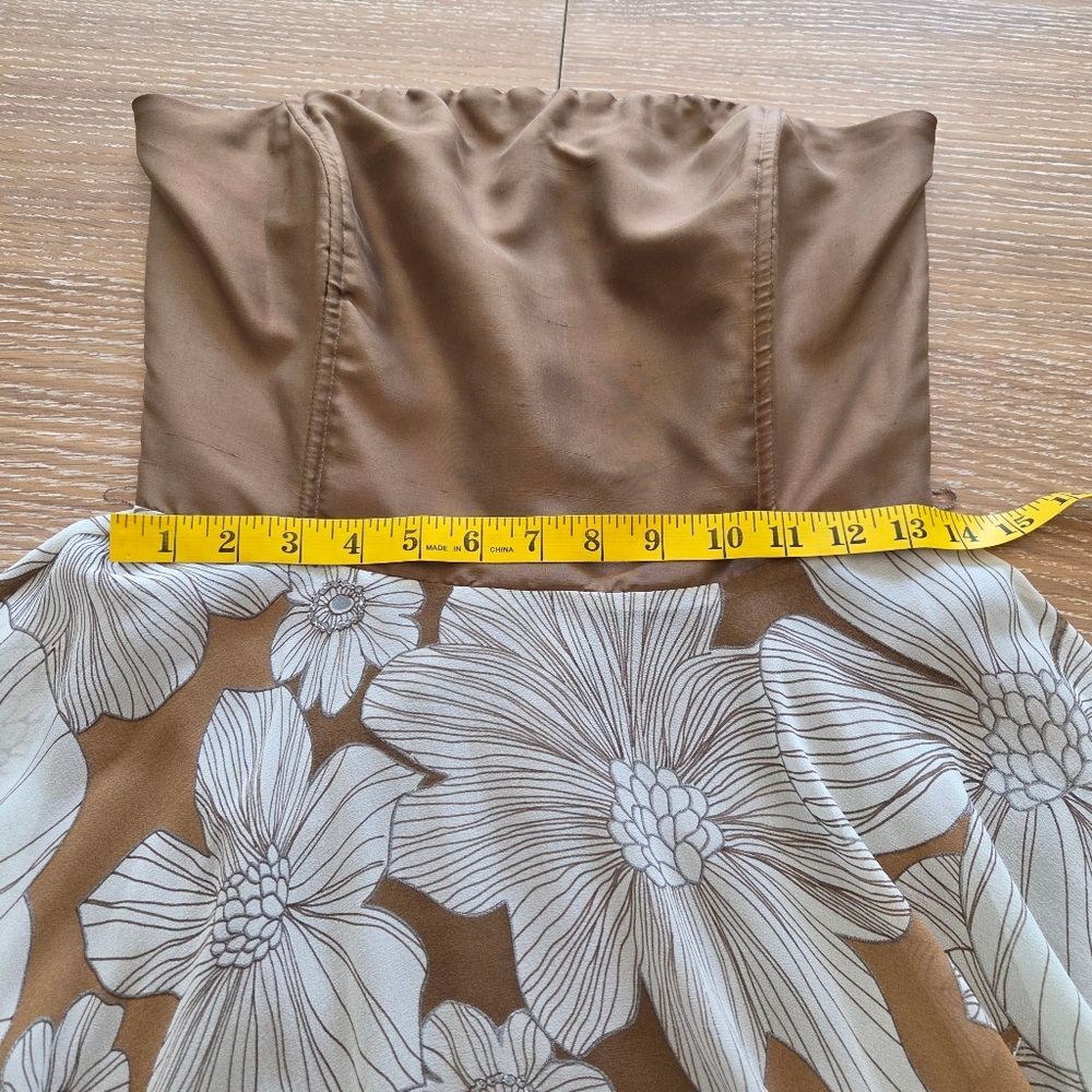 Vintage Spiegel Silk Tan/ Cream Floral Strapless Women's Dress Flounce Midi 4 - Picture 10 of 12